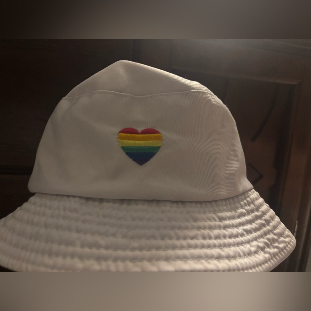 Pride Bucket Hat Rainbow Heart White LGBTQ Lesbian Bisexual Gay Trans Queer